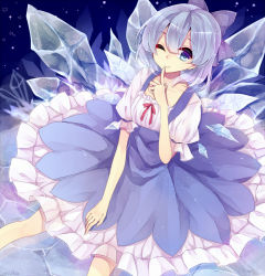 Rule 34 | 1girl, bad id, bad pixiv id, blue dress, blue eyes, blue hair, bow, cirno, collarbone, dress, finger to mouth, hair bow, ice, ice wings, looking at viewer, matching hair/eyes, miiko (somnolent), shirt, short sleeves, shushing, sitting, smile, solo, touhou, wings, wink