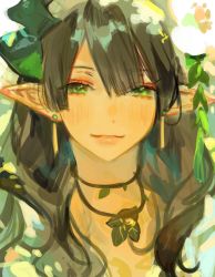 Rule 34 | 1girl, blush, bow, brown hair, earrings, elf, green eyes, green theme, hair bow, jewelry, kuzuvine, lairei yen, long hair, looking at viewer, lord of heroes, pale skin, pointy ears