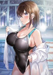 Rule 34 | 1girl, blue eyes, breasts, brown hair, commentary request, competition swimsuit, cowboy shot, highres, indoors, jacket, large breasts, looking at viewer, one-piece swimsuit, open clothes, open jacket, original, profile, shiro kuma shake, short hair, snow, solo, standing, swimsuit, wet, wet clothes, wet swimsuit, white jacket, window