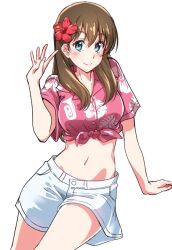 Rule 34 | 1girl, arm support, arm up, brown hair, character request, copyright request, floral print, flower, hair flower, hair ornament, hibiscus, highres, long hair, looking at viewer, midriff, navel, pink shirt, print shirt, shirt, shorts, simple background, smile, solo, ukkii, white background, white shorts
