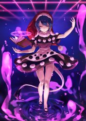 Rule 34 | 1girl, absurdres, black dress, black footwear, blue hair, book, doremy sweet, dream soul, dress, closed eyes, full body, fur collar, hat, highres, magic circle, nightcap, outstretched arm, pom pom (clothes), ripples, shan, shoes, short hair, short sleeves, solo, standing, tail, tapir tail, touhou