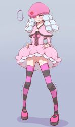 Rule 34 | 10s, 1girl, blue eyes, blush, cabbie hat, capelet, cleft of venus, clothes lift, dress, dress lift, embarrassed, female focus, full body, grey background, happinesscharge precure!, hat, highres, hosshiwa, lifting own clothes, long hair, mary janes, no panties, ogry ching, platform footwear, precure, pussy, ringlets, shoes, silver hair, simple background, solo, standing, striped clothes, striped thighhighs, sweatdrop, thighhighs, trembling, uncensored