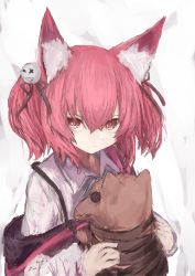 Rule 34 | 1girl, absurdres, animal ear fluff, animal ears, arknights, black ribbon, brown eyes, closed mouth, collared shirt, hair between eyes, hair ribbon, highres, holding, looking at viewer, piennamekuzi, red hair, ribbon, shamare (arknights), shirt, sketch, solo, stuffed animal, stuffed dog, stuffed toy, twintails, upper body, white shirt