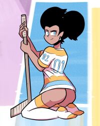 Rule 34 | 1girl, ass, black hair, blue eyes, breasts, closed mouth, commentary, dark-skinned female, dark skin, double bun, earrings, english commentary, from behind, gert (sam &amp; fuzzy), hair bun, highres, hockey stick, holding hockey stick, jersey, jewelry, looking at viewer, medium breasts, naked shirt, no panties, no shoes, original, sam &amp; fuzzy, sam logan, shirt, smile, solo, thighhighs, toon (style)