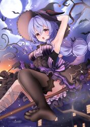 1girl absurdres alternate_costume amaneko_(amaneko_y) arm_up armpits bat_(animal) black_dress black_gloves black_hat black_thighhighs blue_hair broom broom_riding dress full_moon ganyu_(genshin_impact) genshin_impact gloves goat_horns hair_bun hat highres horns long_hair looking_at_viewer moon no_shoes open_mouth single_hair_bun sitting thighhighs toes witch_hat