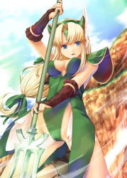 Rule 34 | 1girl, armor, blonde hair, blue eyes, breasts, brown gloves, cleavage, cloud, cloudy sky, day, fingerless gloves, forehead jewel, gloves, green leotard, hair ribbon, helmet, highleg, holding, holding weapon, kirishima satoshi, legs apart, leotard, long hair, looking at viewer, medium breasts, open mouth, outdoors, parted bangs, parted lips, pauldrons, polearm, ribbon, riesz, seiken densetsu, seiken densetsu 3, shoulder armor, sidelocks, sky, solo, trident, very long hair, weapon, winged helmet
