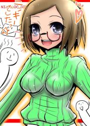 Rule 34 | ^^^, 1girl, ai wa muteki, blue eyes, blush, breasts, brown hair, glasses, heart, large breasts, nikki (swapnote), nintendo, open mouth, outstretched arms, red-framed eyewear, ribbed sweater, short hair, smile, spread arms, swapnote, sweater