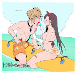 Rule 34 | 1boy, 1girl, bandaid, bandaid on leg, bikini, black hair, blonde hair, blue eyes, blush, breasts, bulge, candy, cat, cloud, cloud strife, costa del sol, couple, earrings, eating, erection, erection under clothes, final fantasy, final fantasy vii, final fantasy vii remake, food, goggles, goggles on head, hairband, hickey, highres, ice cream, jewelry, large breasts, long hair, mugikoma, ocean, open mouth, outdoors, red hairband, sitting, spiked hair, surprised, swimsuit, tifa lockhart