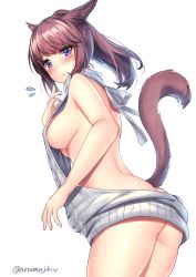 Rule 34 | 10s, 1girl, animal ears, aran sweater, artist name, aruma jiki, ass, backless outfit, bare back, blush, breasts, cable knit, cat ears, cat tail, cowboy shot, facial mark, final fantasy, final fantasy xiv, flying sweatdrops, leaning forward, long hair, medium breasts, meme attire, miqo&#039;te, naked sweater, ponytail, purple eyes, purple hair, ribbed sweater, sideboob, simple background, solo, sweater, tail, twitter username, virgin killer sweater, white background