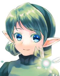 Rule 34 | 1girl, blue eyes, commentary request, green hair, green hairband, hairband, highres, lo lis, medium hair, navi, nintendo, pointy ears, portrait, saria (zelda), signature, smile, the legend of zelda, the legend of zelda: ocarina of time, turtleneck
