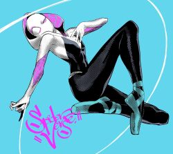 Rule 34 | 1girl, ahn dongshik, ballet slippers, bodysuit, breasts, full body, gwen stacy, highres, hood, hooded bodysuit, looking at viewer, marvel, mask, simple background, skin tight, small breasts, solo, spider-gwen, spider-man: into the spider-verse, spider-man (series), spider-verse, spider web print, superhero costume