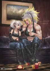 Rule 34 | abs, absurdres, aged up, arm around neck, beer can, black footwear, black tank top, blonde hair, blue eyes, boots, breasts, can, cleavage, commentary, copyright name, couch, crop top, english commentary, english text, fangs, highres, horns, kuon (kwonchanji), large breasts, mechanical arms, medium breasts, midriff, multicolored hair, muscular, muscular female, navel, oni horns, open mouth, painting (object), ponytail, prosthesis, prosthetic arm, red eyes, red lips, rwby, scar, scar across eye, scar on face, side ponytail, silver hair, sitting, size difference, smile, streaked hair, tank top, two-tone hair, veins, weiss schnee, writing on wall, yang xiao long