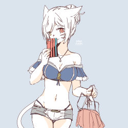 Rule 34 | 1girl, animal ears, bandeau, bare shoulders, blue background, breasts, cat ears, cat tail, cellphone, cleavage, clothes hanger, cowboy shot, facial mark, final fantasy, final fantasy xiv, heterochromia, highleg, highleg panties, jewelry, lili mdoki, looking at viewer, medium breasts, miqo&#039;te, necklace, panties, phone, short hair, short shorts, shorts, signature, sketch, skirt, unworn skirt, slit pupils, smartphone, smile, solo, standing, strapless, tail, underwear, whisker markings, white hair