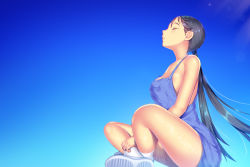 Rule 34 | 1girl, a.x., absurdres, areola slip, bare arms, black hair, blue overalls, blue sky, breasts, cleavage, closed eyes, commentary request, female focus, highres, indian style, long hair, medium breasts, naked overalls, original, overalls, parted lips, shiny skin, shoes, sideboob, sitting, sky, sneakers, socks, solo, thighs, twintails, white footwear, white socks