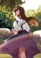 Rule 34 | 1girl, :d, absurdres, animal ears, arknights, blue skirt, brown hair, commentary request, feet out of frame, hair between eyes, highres, long hair, long sleeves, looking at viewer, meteor (arknights), open mouth, shijie jianfa, shirt, skirt, smile, solo, standing, white shirt