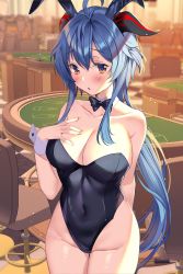 Rule 34 | 1girl, :o, ahoge, aile (crossroads), alternate costume, animal ears, black bow, black bowtie, black leotard, blackjack table, blue hair, blush, bow, bowtie, breasts, casino, chair, cleavage, collarbone, covered navel, detached collar, ganyu (genshin impact), genshin impact, goat horns, groin, hand on own chest, highleg, highleg leotard, highres, horns, large breasts, leotard, light particles, long hair, looking at viewer, no legwear, orange eyes, parted lips, playboy bunny, rabbit ears, sidelocks, solo, table, wrist cuffs