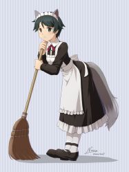 Rule 34 | 1girl, alternate costume, animal ears, black dress, black eyes, black footwear, black hair, broom, commentary request, dated, dress, enmaided, full body, kantai collection, maid, mary janes, mogami (kancolle), nao (nao eg), shoes, short hair, signature, solo, standing, striped, striped background, swept bangs, tail, white legwear, wolf ears, wolf tail