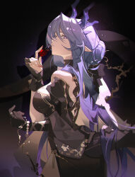Rule 34 | 1girl, absurdres, arknights, black dress, black gloves, bow, bracelet, brooch, closed mouth, crescent, crescent hair ornament, cup, detached sleeves, dragon girl, dragon horns, dress, fingernails, gloves, hair bow, hair bun, hair ornament, highres, holding, holding cup, horns, jewelry, krao, light, ling (arknights), long hair, long sleeves, looking at viewer, monster girl, moon (ornament), nail polish, pearl bracelet, pink nails, purple eyes, purple hair, purple horns, simple background, single hair bun, solo, strapless, strapless dress, tail