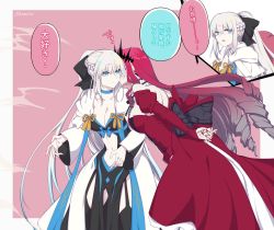 Rule 34 | 2girls, baobhan sith (fate), baobhan sith (first ascension) (fate), black bow, black thighhighs, blue eyes, bow, braid, breasts, center opening, cleavage, clothing cutout, dress, drill hair, fate/grand order, fate (series), french braid, fumotewi, garter straps, highres, kiss, kissing cheek, large breasts, long hair, midriff, morgan le fay (fate), multiple girls, pink hair, red dress, sidelocks, stomach cutout, surprise kiss, surprised, thighhighs, tiara, two-tone dress, white hair