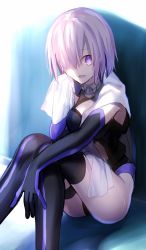Rule 34 | 1girl, breasts, elbow gloves, fate/grand order, fate (series), gloves, hair over one eye, large breasts, leotard, looking at viewer, mash kyrielight, mashima saki (mashimasa), purple eyes, purple hair, revision, short hair, sitting, solo, sweat, thighhighs, towel