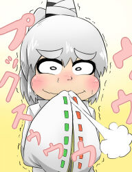 Rule 34 | 1girl, black eyes, black hat, blush, bright pupils, closed mouth, commentary request, gradient background, grey hair, hat, japanese clothes, kariginu, long hair, looking at viewer, mononobe no futo, nicetack, ponytail, puff of air, ribbon-trimmed sleeves, ribbon trim, sleeves past fingers, sleeves past wrists, smile, solo, stifled laugh, sweat, tate eboshi, thick eyebrows, touhou, trembling, upper body, white pupils, wide sleeves, yellow background