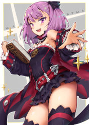 Rule 34 | 1girl, black dress, black ribbon, black thighhighs, book, detached sleeves, dress, fate/grand order, fate (series), foreshortening, hair ribbon, haoni, helena blavatsky (fate), helena blavatsky (third ascension) (fate), holding, holding book, looking at viewer, open mouth, purple eyes, purple hair, ribbon, short dress, smile, solo, star (symbol), strapless, strapless dress, thighhighs, thighs, v-shaped eyebrows