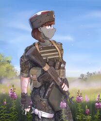 absurdres ak-74 army assault_rifle blue_eyes brown_hair bulletproof_vest camouflage cigarette cossack field flower flower_field fluffkaiser fur_hat gun hat hello_kitty highres kalashnikov_rifle looking_afar looking_to_the_side mask military military_uniform mouth_mask non-web_source papakha ribbon rifle russia russian_army sanrio scar scar_on_hand serious smoking twitter_username uniform vest weapon white_ribbon z_(russian_symbol)