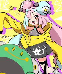 Rule 34 | 1girl, ;d, bad id, bad twitter id, bellibolt, blush stickers, boots, bright pupils, character hair ornament, commentary request, creatures (company), game freak, green hair, grey footwear, grey shirt, hair ornament, iono (pokemon), jacket, long hair, looking at viewer, nao (naaa 195), nintendo, one eye closed, open mouth, orange eyes, pink hair, pokemon, pokemon (creature), pokemon sv, sharp teeth, shirt, sleeveless, sleeveless shirt, smile, star (symbol), teeth, tongue, upper teeth only, watermark, white pupils, yellow jacket