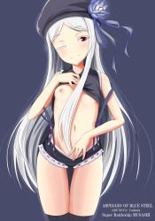 Rule 34 | 10s, 1girl, aoki hagane no arpeggio, breasts, flat chest, hat, highres, ju (old505), long hair, musashi (aoki hagane no arpeggio), nipples, one eye closed, red eyes, silver hair, smile, solo, suspenders, thighhighs