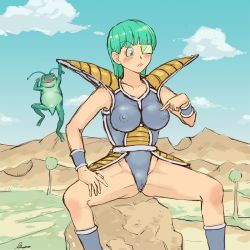 Rule 34 | 1girl, antennae, armor, artist request, bare shoulders, blush, body switch, boulder, breasts, bulma, cameltoe, captain ginyu, censored, cloud, collarbone, dragon ball, dragonball z, feet out of frame, frog, green-tinted eyewear, green eyes, green hair, green sky, impossible clothes, mosaic censoring, namek, nipples, outdoors, personality switch, saiyan armor, scouter, signature, sitting, sky, tagme, thighs, tinted eyewear, tree