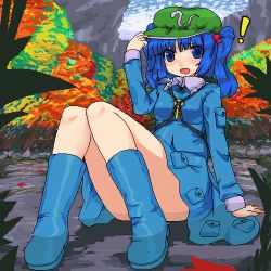 Rule 34 | 1girl, :d, autumn leaves, bad id, bad pixiv id, bare legs, blue dress, blue eyes, blue hair, boots, convenient leg, dress, female focus, flat cap, hat, kawashiro nitori, ktsecond, long sleeves, looking at viewer, lowres, matching hair/eyes, open mouth, pocket, rubber boots, smile, solo, touhou, two side up