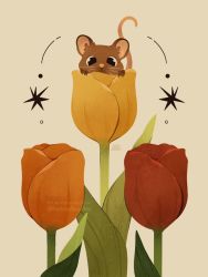 Rule 34 | animal focus, black eyes, brown fur, commentary, covering own mouth, english commentary, english text, flower, katriadoodles, leaf, looking at viewer, mouse (animal), no humans, orange flower, orange tulip, original, red flower, red tulip, simple background, tulip, twitter username, whiskers, yellow flower, yellow tulip
