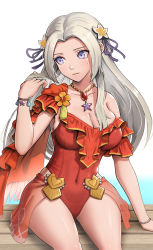 Rule 34 | 1girl, blue eyes, breasts, cleavage, closed mouth, edelgard von hresvelg, embarrassed, fire emblem, fire emblem: three houses, fire emblem heroes, frilled one-piece swimsuit, frills, gonzarez, hair ornament, hair ribbon, highres, large breasts, long hair, nintendo, official alternate costume, one-piece swimsuit, red one-piece swimsuit, ribbon, shy, sitting, solo, swimsuit