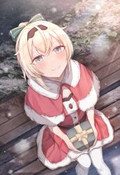 Rule 34 | 1girl, absurdres, belt, bench, black belt, blonde hair, blue eyes, blush, bow, box, capelet, ch13, christmas, closed mouth, commentary request, from above, fur-trimmed capelet, fur-trimmed skirt, fur trim, gift, gift box, green bow, hair between eyes, hair bow, highres, holding, holding gift, hololive, kazama iroha, long hair, looking at viewer, on bench, park bench, ponytail, red capelet, red skirt, santa costume, sitting, skirt, smile, snowing, solo, thighhighs, virtual youtuber, white thighhighs
