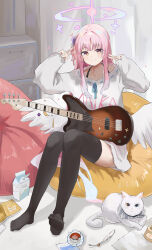 Rule 34 | 1girl, blue archive, cat, guitar, hololive, indoors, instrument, jsscj, long hair, mika (blue archive), pink hair, smile, solo, wings, yellow eyes