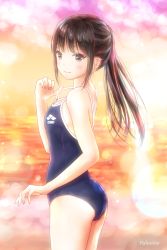 Rule 34 | 1girl, artist name, ass, blue one-piece swimsuit, brown eyes, brown hair, competition swimsuit, long hair, nail polish, one-piece swimsuit, original, outdoors, pink nails, ponytail, school swimsuit, sidelocks, smile, standing, strap lift, sunset, swimsuit, yuluvine, yurubine