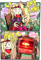 Rule 34 | 1girl, 2koma, blonde hair, cactus, chair, comic, english text, explosion, flower, kid icarus, kid icarus uprising, laughing, mushroom cloud, viridi, nintendo, nuclear explosion, nuclear weapon, open mouth, plant, pointing, potted plant, sandals, setz, sideways mouth, sitting, solo, tears, television, thorns, weapon of mass destruction