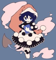 Rule 34 | 1girl, :3, black capelet, black hair, blue eyes, book, bright pupils, capelet, closed mouth, dmebgsa3, doremy sweet, dress, full body, grey background, hat, holding, holding book, looking at viewer, multicolored clothes, multicolored dress, nightcap, pom pom (clothes), red hat, short hair, smile, solo, tail, tapir tail, touhou, white footwear, white pupils