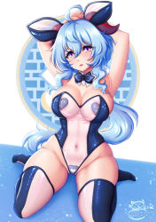 Rule 34 | 1girl, ahoge, animal ears, armpits, arms behind head, arms up, black bow, black bowtie, blue hair, bow, bowtie, breasts, covered navel, detached collar, fake animal ears, ganyu (genshin impact), genshin impact, goat horns, heart pasties, highres, horns, large breasts, leotard, long hair, low ponytail, meme attire, pasties, playboy bunny, purple eyes, rabbit ears, see-through, see-through leotard, sevie, sitting, solo, strapless, strapless leotard, thighhighs, translucent bunnysuit, very long hair, wariza