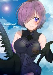 Rule 34 | 1girl, absurdres, armor, black gloves, blush, breasts, elbow gloves, eyebrows hidden by hair, fate/grand order, fate (series), gloves, hair over one eye, highres, holding, holding shield, looking at viewer, mash kyrielight, medium breasts, purple eyes, purple hair, reaching, reaching towards viewer, shield, short hair, sleeveless, smile, solo, tatsuma daisuke
