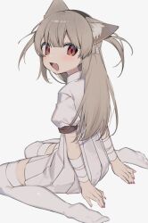 Rule 34 | 1girl, :d, animal ear fluff, animal ears, blush, cat ears, ear tag, fake animal ears, fang, female focus, grey hair, high-waist skirt, highres, long hair, looking at viewer, nan0ng, natori sana, open mouth, red eyes, red nails, sana channel, shirt, short sleeves, simple background, sitting, skirt, smile, solo, thighhighs, turning head, virtual youtuber, wariza, white background, white shirt, white skirt, white thighhighs