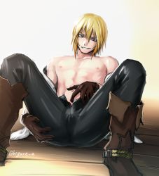 Rule 34 | 1boy, blonde hair, blue eyes, crotch, dash10, eizen (tales), presenting, male focus, naughty face, topless male, solo, tagme, tales of (series), tales of berseria