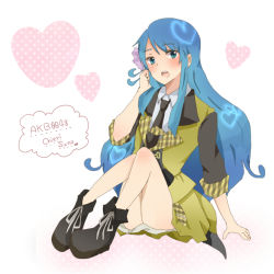 Rule 34 | 10s, 1girl, akb0048, artist request, blue eyes, blue hair, blush, female focus, full body, gradient background, heart, long hair, matching hair/eyes, necktie, open mouth, sitting, solo, sono chieri, white background