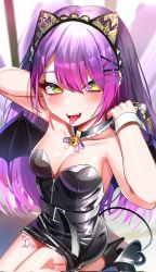 Rule 34 | 1girl, :p, animal ears, bell, breasts, bu leike, cat ears, cleavage, collarbone, demon tail, demon wings, dress, fake animal ears, green eyes, hair ornament, hairclip, heart, heart-shaped pupils, highres, hololive, leather, leg tattoo, long hair, medium breasts, neck bell, open mouth, purple hair, seiza, sitting, solo, symbol-shaped pupils, tail, tattoo, tokoyami towa, tongue, tongue out, virtual youtuber, wings