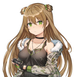 Rule 34 | 1girl, aer7o, bad id, bad pixiv id, bare shoulders, black choker, black gloves, black shirt, blush, bow, breasts, brown hair, camouflage, camouflage coat, choker, closed mouth, coat, collarbone, double bun, fur-trimmed coat, fur trim, girls&#039; frontline, gloves, green bow, green eyes, hair bow, hair bun, highres, holding, jewelry, long hair, long sleeves, looking at viewer, medium breasts, necklace, off shoulder, open clothes, open coat, rfb (girls&#039; frontline), shirt, single glove, solo, underwear, very long hair