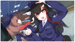 Rule 34 | 2girls, animal ear fluff, animal ears, black hair, blush, brown eyes, brown hair, cuffs, dog ears, dog girl, dog tail, hair ornament, hairpin, handcuffs, highres, hiro (phese), holding, holding handcuffs, hololive, inugami korone, long hair, looking at viewer, medium hair, multicolored hair, multiple girls, ookami mio, open mouth, red hair, security guard, smile, streaked hair, tail, tail around own leg, virtual youtuber, wolf ears, wolf girl, wolf tail, yellow eyes