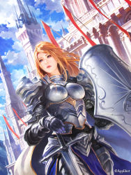 Rule 34 | 1girl, armor, banner, blonde hair, blue eyes, cape, chainmail, city, dutch angle, fantasy, faulds, highres, knight, legend of the cryptids, lie-on, light rays, looking afar, no headwear, official art, original, pauldrons, plate armor, shield, shoulder armor, shuichi wada, solo, sword, tassets, weapon