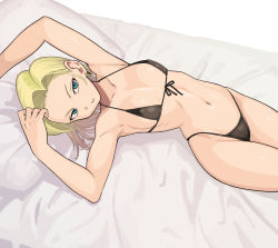 Rule 34 | 1girl, alternate costume, android 18, bed, bed sheet, bikini, black bikini, blonde hair, blue eyes, breasts, commentary request, dragon ball, dragonball z, earrings, highres, jewelry, looking at viewer, lying, medium breasts, navel, on back, rokoido12, short hair, simple background, solo, swimsuit