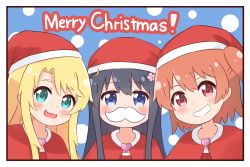 Rule 34 | 3girls, :3, :d, ahoge, black hair, blonde hair, blue background, blue eyes, blush, border, brown hair, capelet, christmas, commentary, english text, fake facial hair, fake mustache, flower, green eyes, grin, hair flower, hair ornament, happy, hat, heart, highres, himesaka noa, hoshino hinata, ixia (ixia424), long hair, looking at viewer, medium hair, merry christmas, multiple girls, open mouth, pink flower, red capelet, red eyes, red hat, santa costume, santa hat, shirosaki hana, side-by-side, side ponytail, smile, symbol-only commentary, teeth, thick eyebrows, upper body, watashi ni tenshi ga maiorita!, white border
