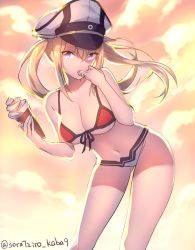 Rule 34 | 1girl, bad id, bad twitter id, bare shoulders, bikini, blonde hair, breasts, cleavage, cowboy shot, finger to mouth, food, graf zeppelin (kancolle), hat, holding, holding food, ice cream, kantai collection, large breasts, long hair, looking at viewer, mismatched bikini, navel, peaked cap, purple eyes, red bikini, solo, sora 72-iro, sunset, swimsuit, twintails, twitter username, white bikini